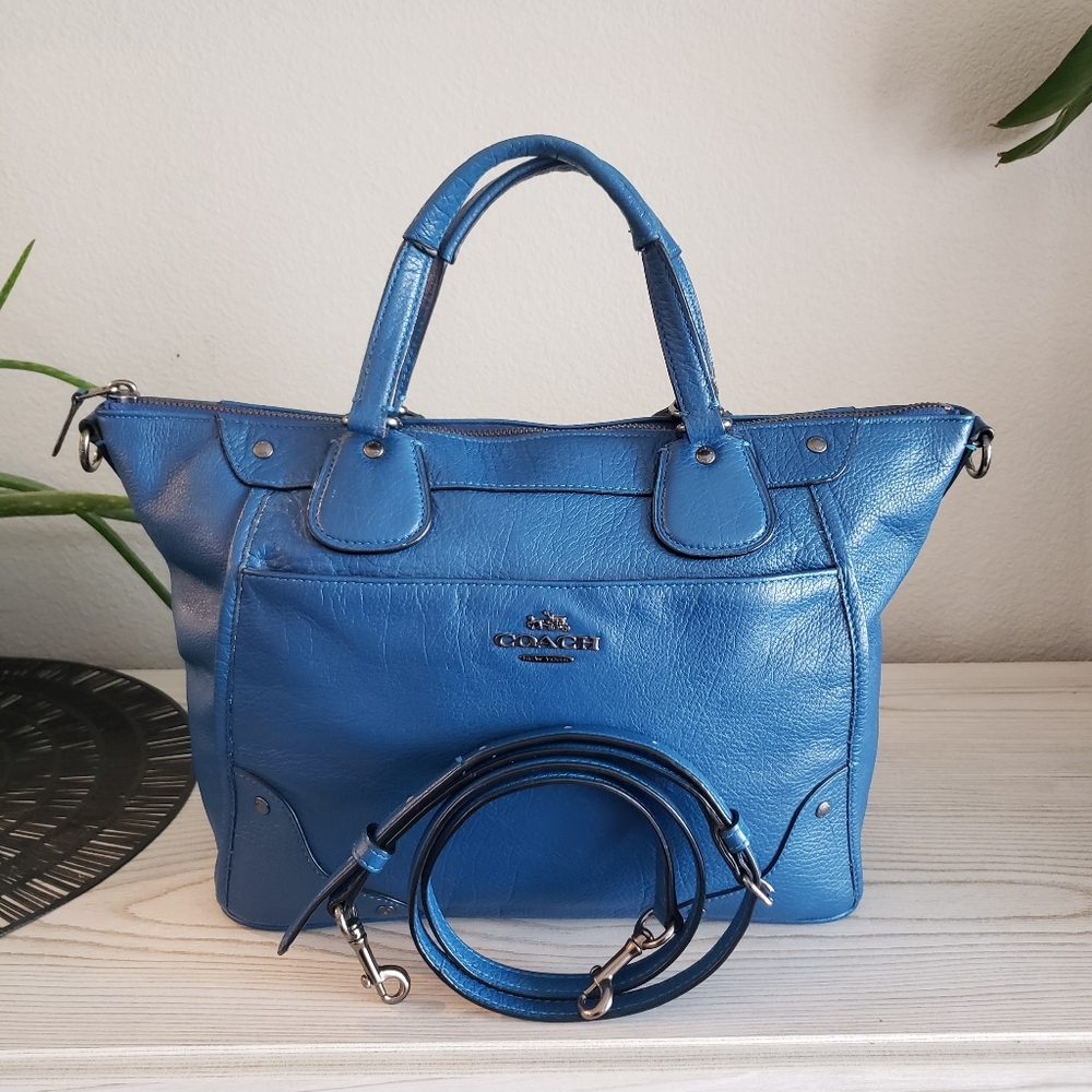 Coach Mickie Satchel Crossbody Blue Grain Leather Handbag